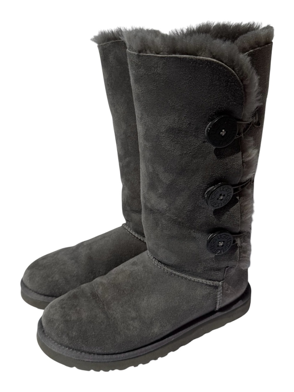 UGG Australia Bailey Button Triplet Tall Boots Size 8 Gray Sheepskin Suede